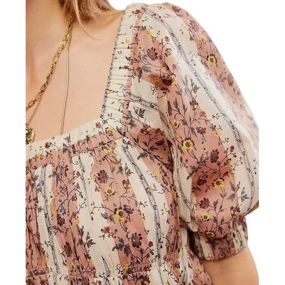 Free People Vintage Lover Floral Striped Puff Cotton Blouse L Cottagecore Boho